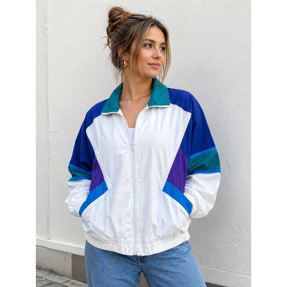 Vintage Jantzen Classics VTG Blue White Full Zip Windbreaker Track Jacket Small